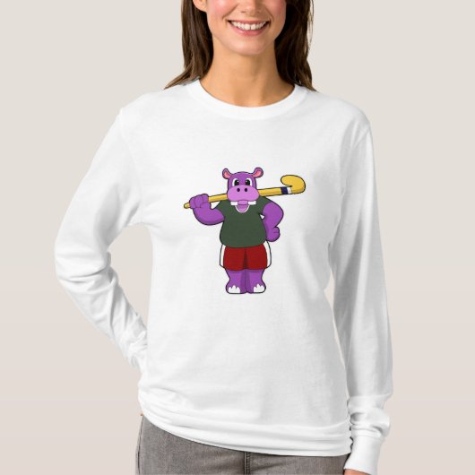 Hippo bij Hockey met Hockey bat T-shirt (Voorkant)