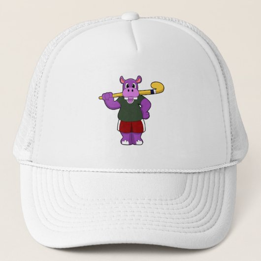 Hippo bij Hockey met Hockey bat Trucker Pet (Voorkant)