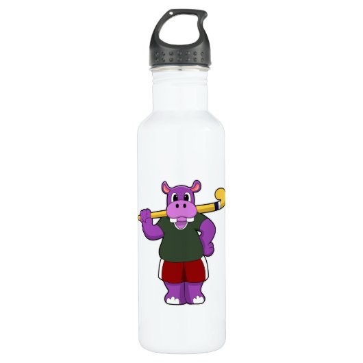 Hippo bij Hockey met Hockey bat Waterfles (Voorkant)