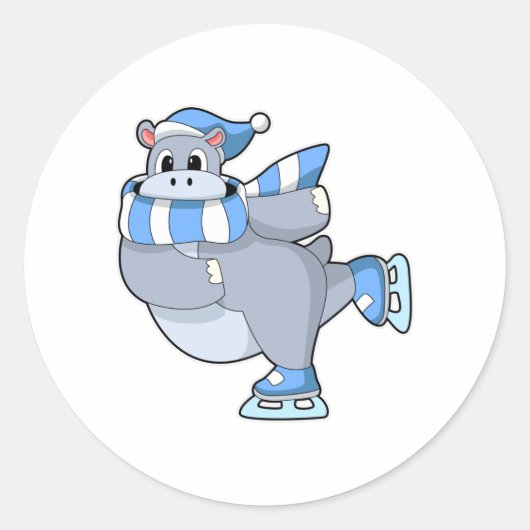 Hippo bij Ice skating met Ice schaatsen Ronde Sticker (Voorkant)