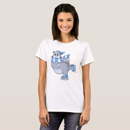Hippo bij Ice skating met Ice schaatsen T-shirt (Voorkant volledig)