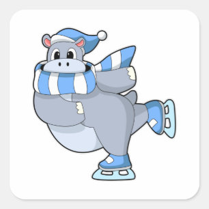 Hippo bij Ice skating met Ice schaatsen Vierkante Sticker