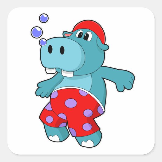 Hippo bij zwemmen met zwemboomstammen vierkante sticker (Voorkant)