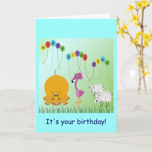 Hippo, Birdy, 2 Ewe Verjaardag Kaart (Gele Bloem)