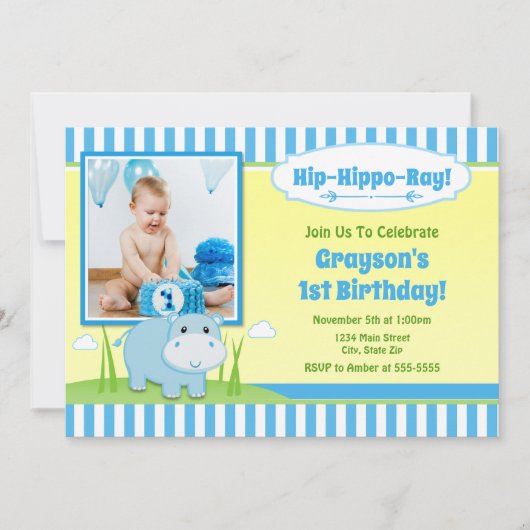 Hippo Birthday Invitation Blue Hippo Boy Kaart (Voorkant)