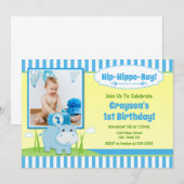 Hippo Birthday Invitation Blue Hippo Boy Kaart (Voorkant / Achterkant)