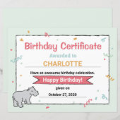 Hippo Birthday Party Hippo HippopotamusCertificate (Voorkant / Achterkant)