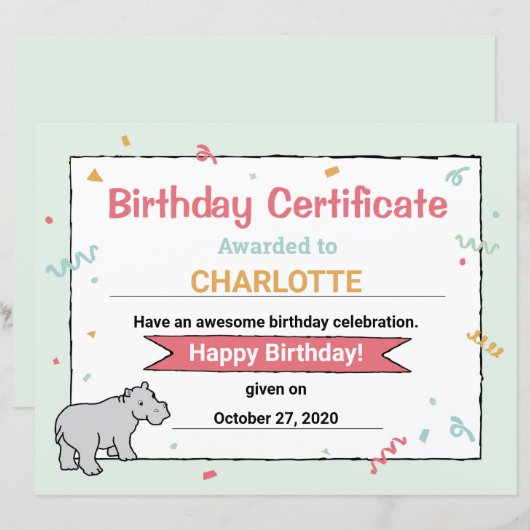 Hippo Birthday Party Hippo HippopotamusCertificate (Voorkant / Achterkant)