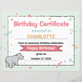 Hippo Birthday Party Hippo HippopotamusCertificate (Voorkant)
