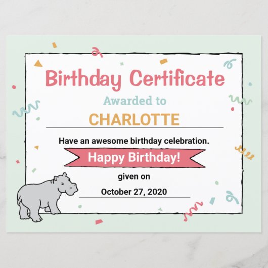 Hippo Birthday Party Hippo HippopotamusCertificate (Voorkant)