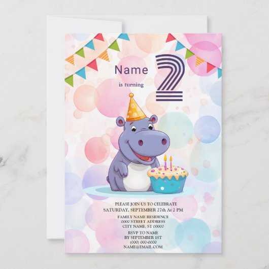 Hippo Birthday Party Invitation Kaart (Voorkant)