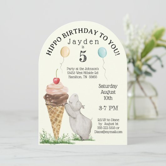 Hippo Birthday Party Invitation Kaart (Staand voorkant)