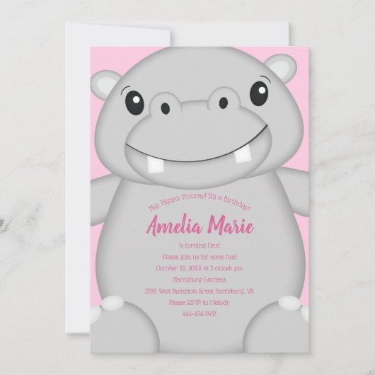 Hippo Birthday Party roze Kaart (Voorkant)