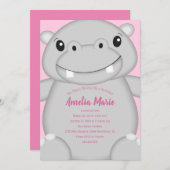 Hippo Birthday Party roze Kaart (Voorkant / Achterkant)