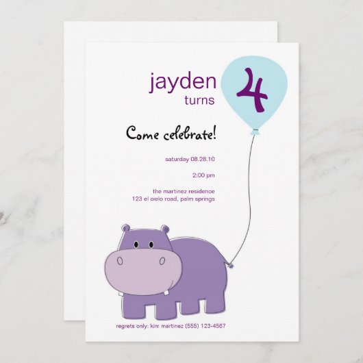 Hippo Birthday Uitnodiging (Voorkant / Achterkant)