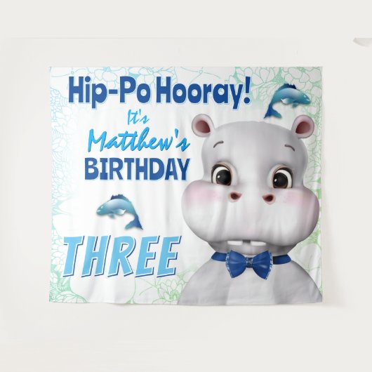 Hippo Blauwe Vis Jongen Verjaardag Achtergrond Wandkleed (Voorkant (horizontaal))