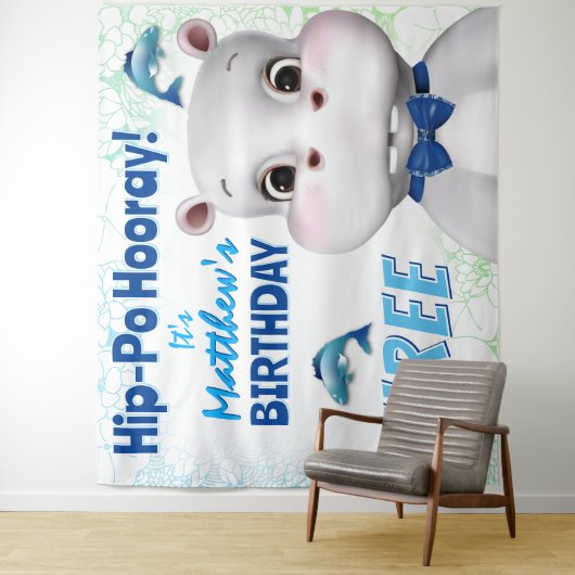 Hippo Blauwe Vis Jongen Verjaardag Achtergrond Wandkleed (In situ)