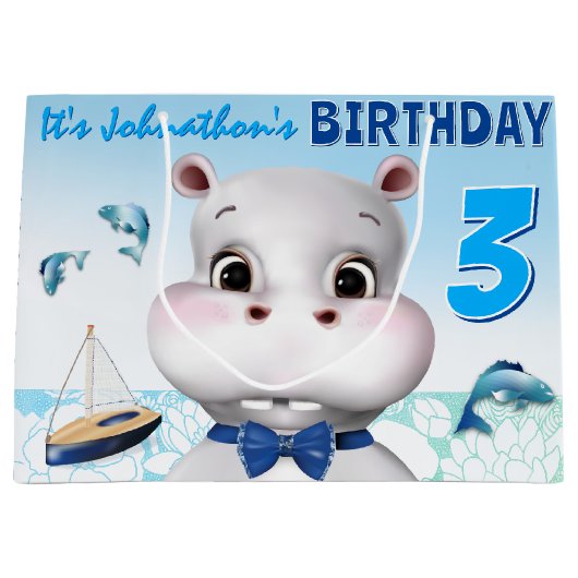 Hippo Blue Boy Birthday Groot Cadeauzakje (Voorkant)