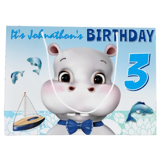 Hippo Blue Boy Birthday Groot Cadeauzakje (Achterkant)