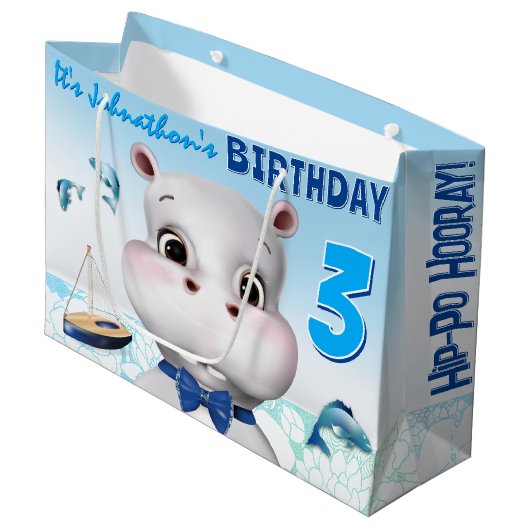Hippo Blue Boy Birthday Groot Cadeauzakje (Voorkant Gekanteld)