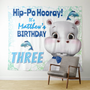 Hippo Blue Fish Boy Birthday Backdrop Wandkleed