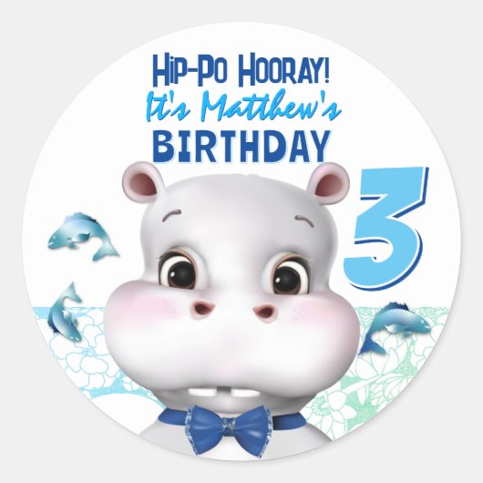 Hippo Blue Fish Boy Birthday Bedankt Ronde Sticker (Voorkant)
