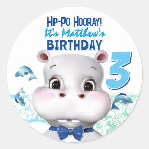 Hippo Blue Fish Boy Birthday Bedankt Ronde Sticker
