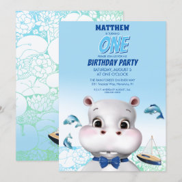 Hippo Blue Fish Boy Birthday Kaart