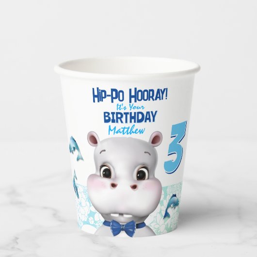 Hippo Blue Fish Boy Birthday Papieren Bekers (Voorkant)