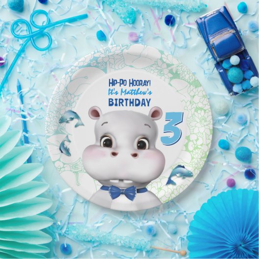 Hippo Blue Fish Boy Birthday Papieren Bordje (Feest)