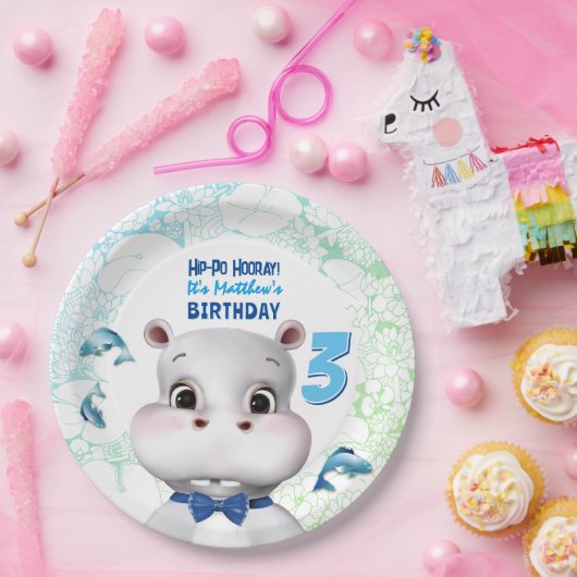 Hippo Blue Fish Boy Birthday Papieren Bordje (Feest)