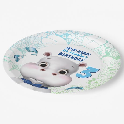 Hippo Blue Fish Boy Birthday Papieren Bordje (Gekanteld)