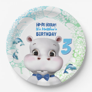 Hippo Blue Fish Boy Birthday Papieren Bordje