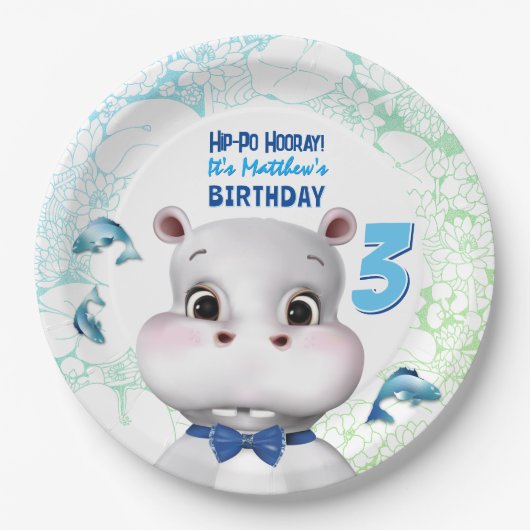 Hippo Blue Fish Boy Birthday Papieren Bordje (Voorkant)
