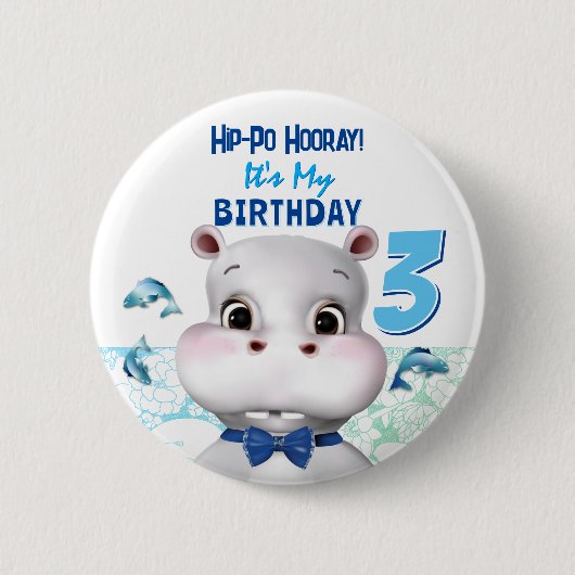 Hippo Blue Fish Boy Birthday Ronde Button 5,7 Cm (Voorkant)