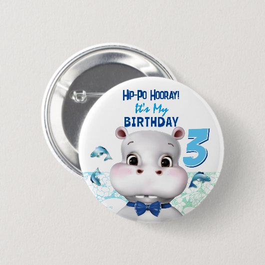 Hippo Blue Fish Boy Birthday Ronde Button 5,7 Cm (Voorkant /achterkant)