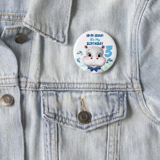 Hippo Blue Fish Boy Birthday Ronde Button 5,7 Cm (In situ)
