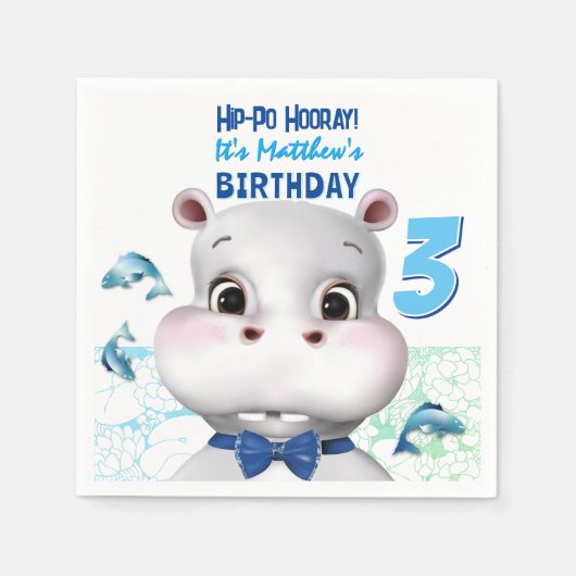 Hippo Blue Fish Boy Birthday Servet (Voorkant)