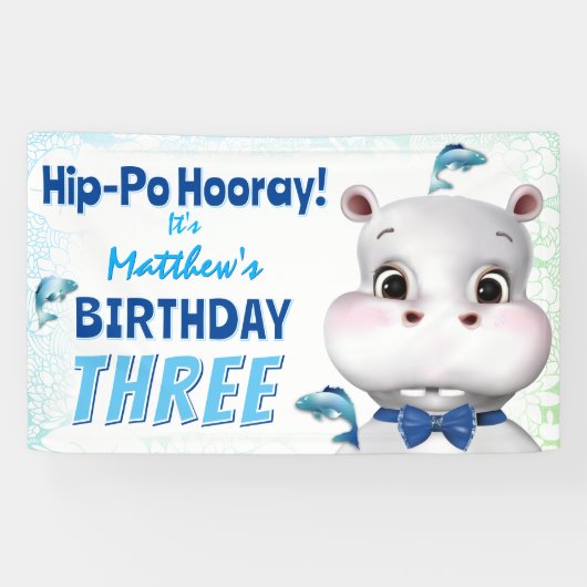 Hippo Blue Fish Boy Birthday Spandoek (Horizontaal)