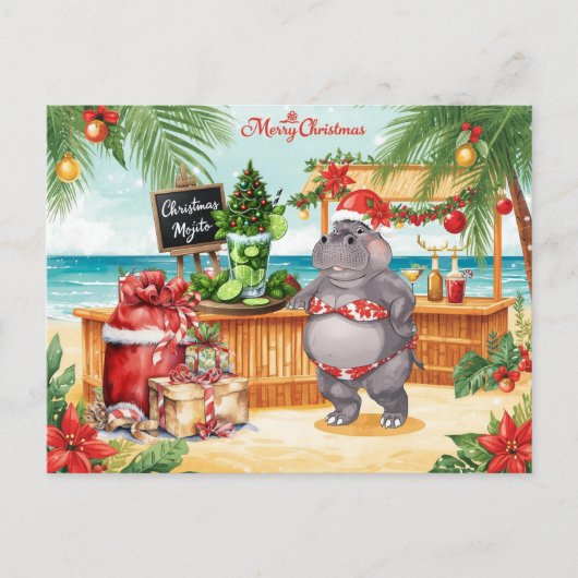 Hippo Christmas Cocktail Party Greeting Card  Feestdagenkaart (Voorkant)