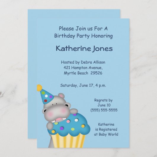 Hippo Cupcake verjaardagsuitnodiging Kaart (Voorkant / Achterkant)
