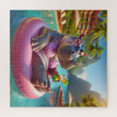 Hippo drijvend in een zwembad met cocktail Drink Legpuzzel (Horizontaal)