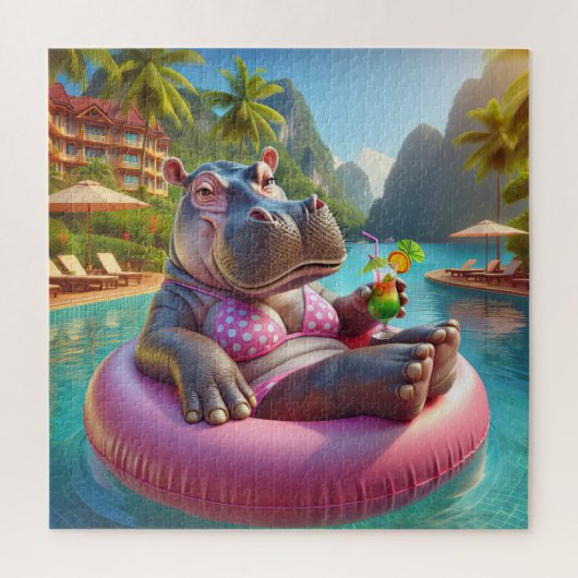 Hippo drijvend in een zwembad met cocktail Drink Legpuzzel (Verticaal)