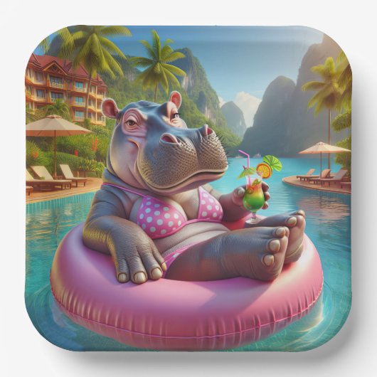 Hippo drijvend in een zwembad met cocktail Drink Papieren Bordje (Voorkant)