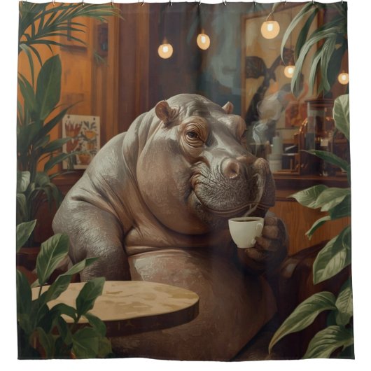 Hippo drinks coffee. Surreal style Douchegordijn (Voorkant)