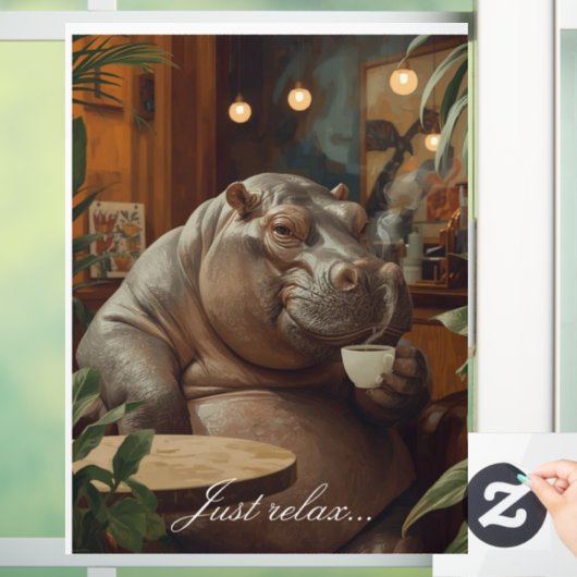 Hippo drinks coffee. Surreal style Raamsticker (Huis)