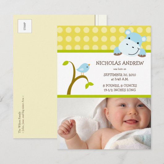 Hippo en Birdie Baby Boy Geboorteaankondiging Aankondigingskaart (Voorkant / Achterkant)
