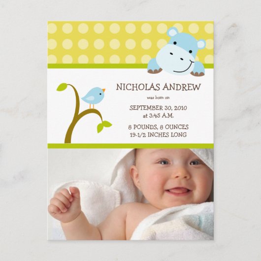 Hippo en Birdie Baby Boy Geboorteaankondiging Aankondigingskaart (Voorkant)