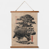 Hippo en Bonsai boom | Wabi Sabi Japandi Art Hangend Wandkleed (Voorkant)