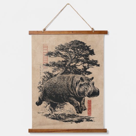 Hippo en Bonsai boom | Wabi Sabi Japandi Art Hangend Wandkleed (Voorkant)